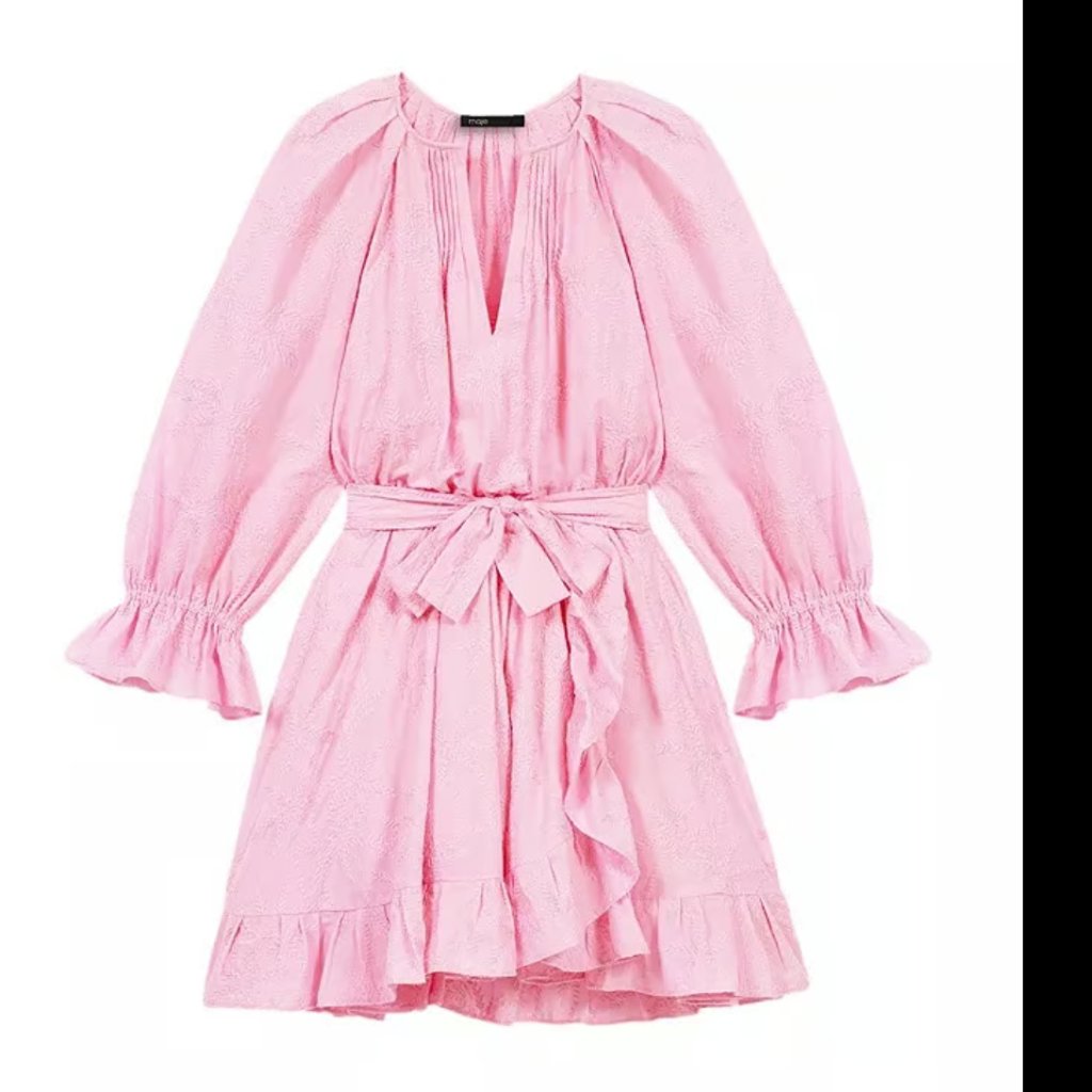 Maje Rybiza Long Sleeve Ruffled Mini Dress Rose Pale Size 40